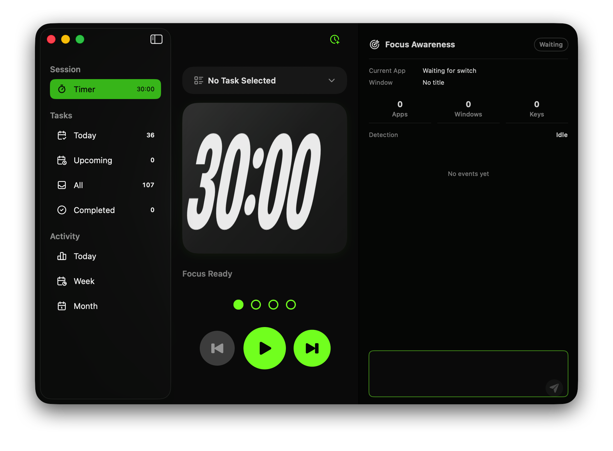 Attractor showing a long break timer, task navigation, and Focus Awareness activity detection.